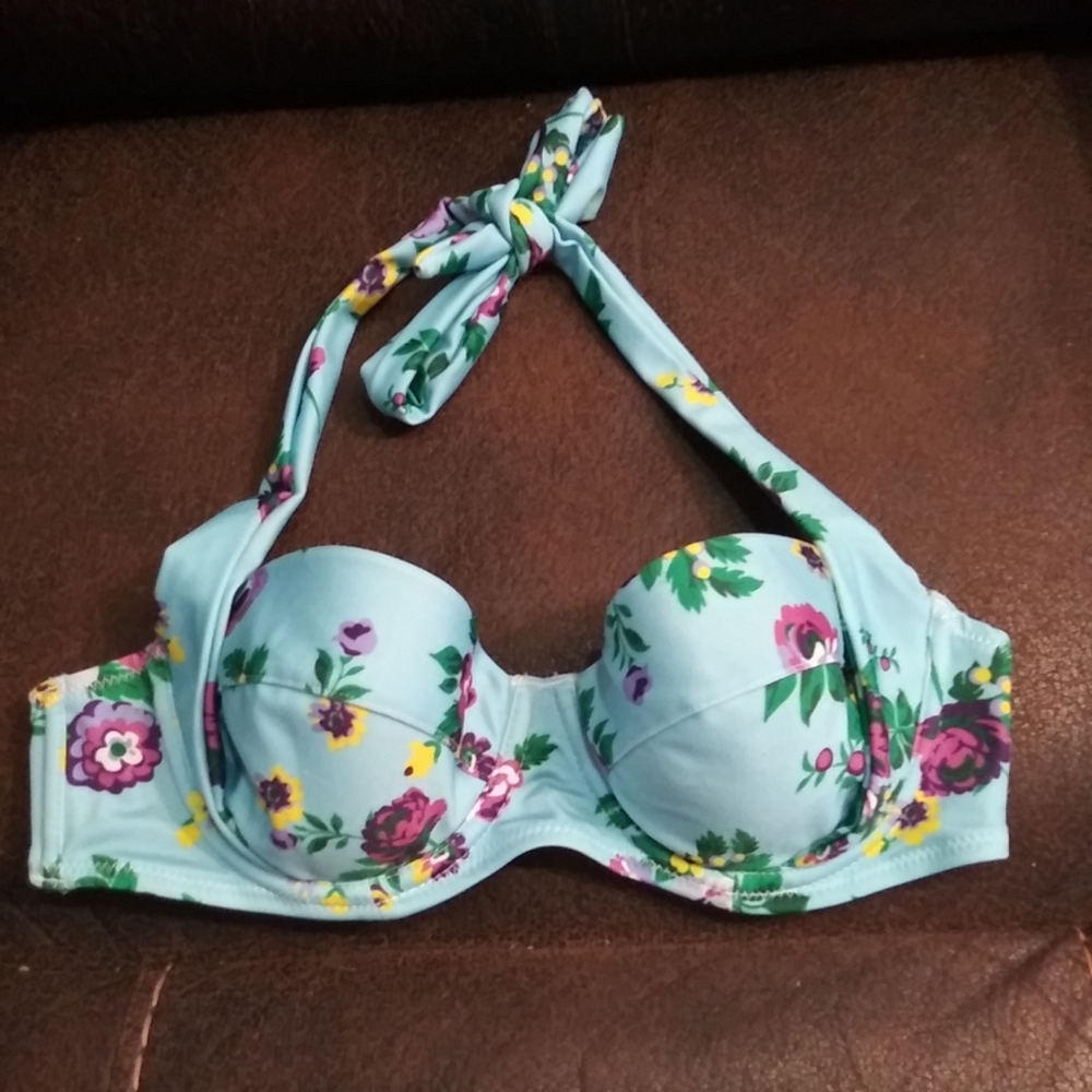 Hell Bunny Vixen Floral pinup pushup swim bra top halter Size XS blue 9024.